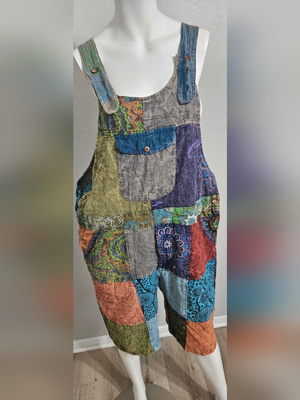Yak & Yeti Boho Patchwork Hand Painted Striped Midi Overall Size L/XL